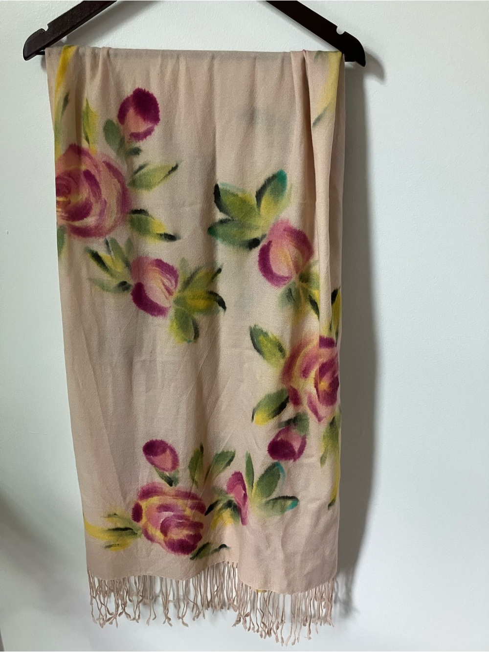Morgan&Oates Merino Cashmere Cozy Scarf Painted Rose Floral Shawl Wrap 65x24”